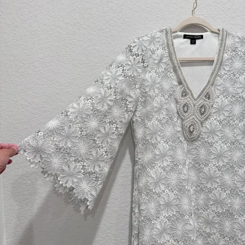 Boston Proper Embellished Metallic Floral Lace Tunic Dress White/Silver Size XS - Picture 8 of 16